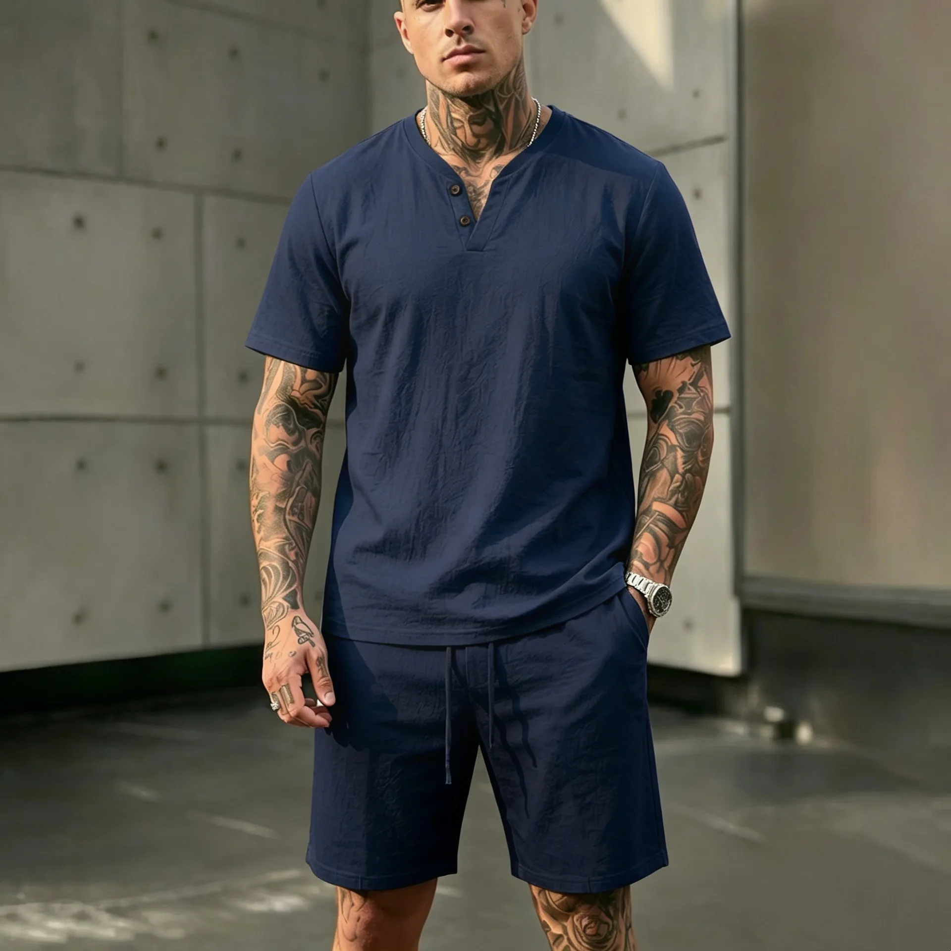 2026 Sommer Europäisch-Amerikanisches Herren-Leinen-Henley-Polo-Zweiteiler-Set: Lockeres Kurzarm-T-Shirt mit passenden Shorts – Atmungsaktives Urlaubsoutfit – Detail 12