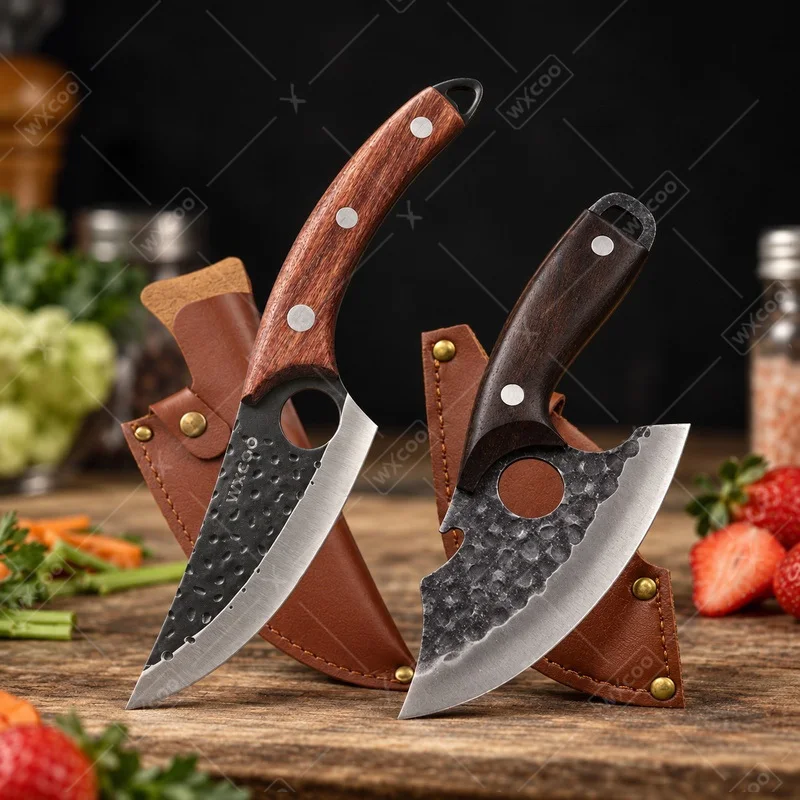 WXCOO Hand Forged Butcher Knife 5.7inch for Kitchen Chef Knives Meat Cleaver Boning Knife Fruit Cutter with Leather Sheath