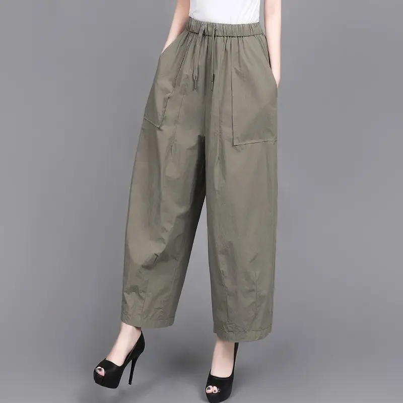 Calças de Cintura Alta com Pernas Largas para Mulheres, Soltas, Elegantes, Casuais, Elásticas, Versáteis, Calças de Nove Pontos, Nova Chegada de Outono, 100% Algodão