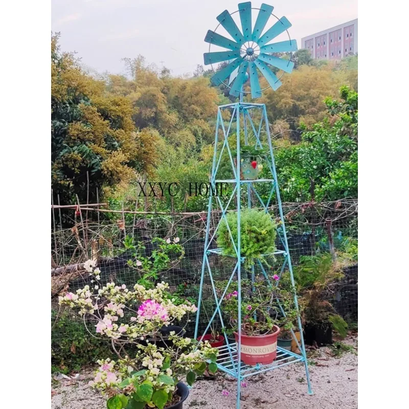 

Wrought Iron Lattice Flower Fence Rotating Windmill Plug-in Courtyard Villa Gardening Ornaments Decoration Balcony Home