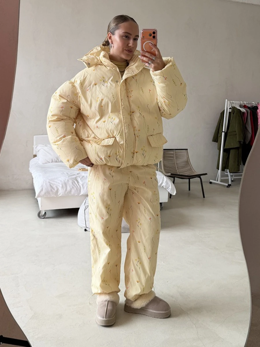Bornladies European and American Women's New Winter Drawstring Hooded Jacket and Pants Street Style Fashionable Cotton Suit Set