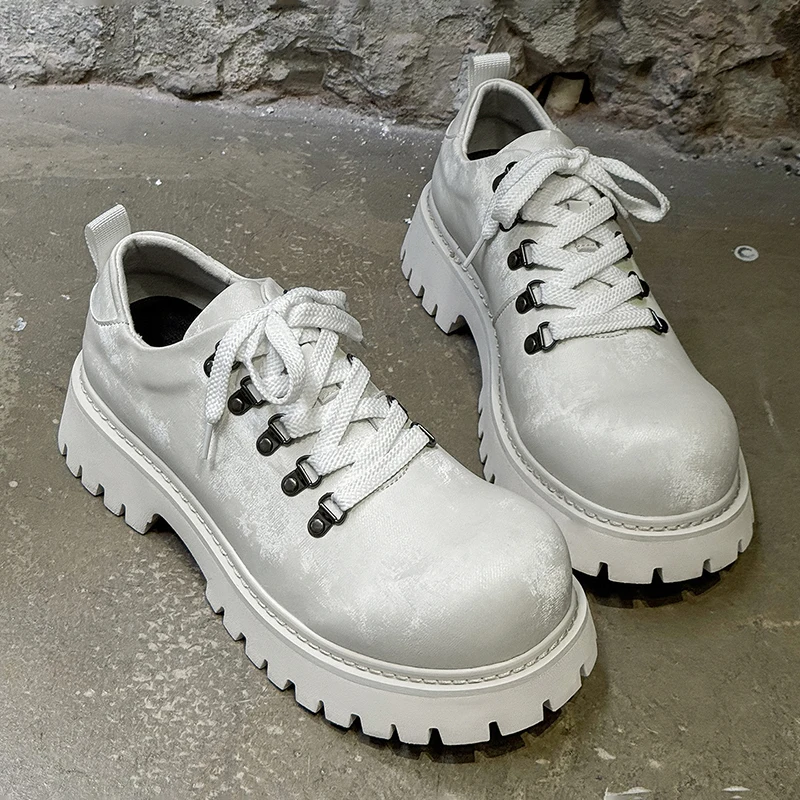 Fashionable Cool Thick Soled Metal Buckle Men Derby Shoes Vintage Cracked Street Niche Casual Single Shoes