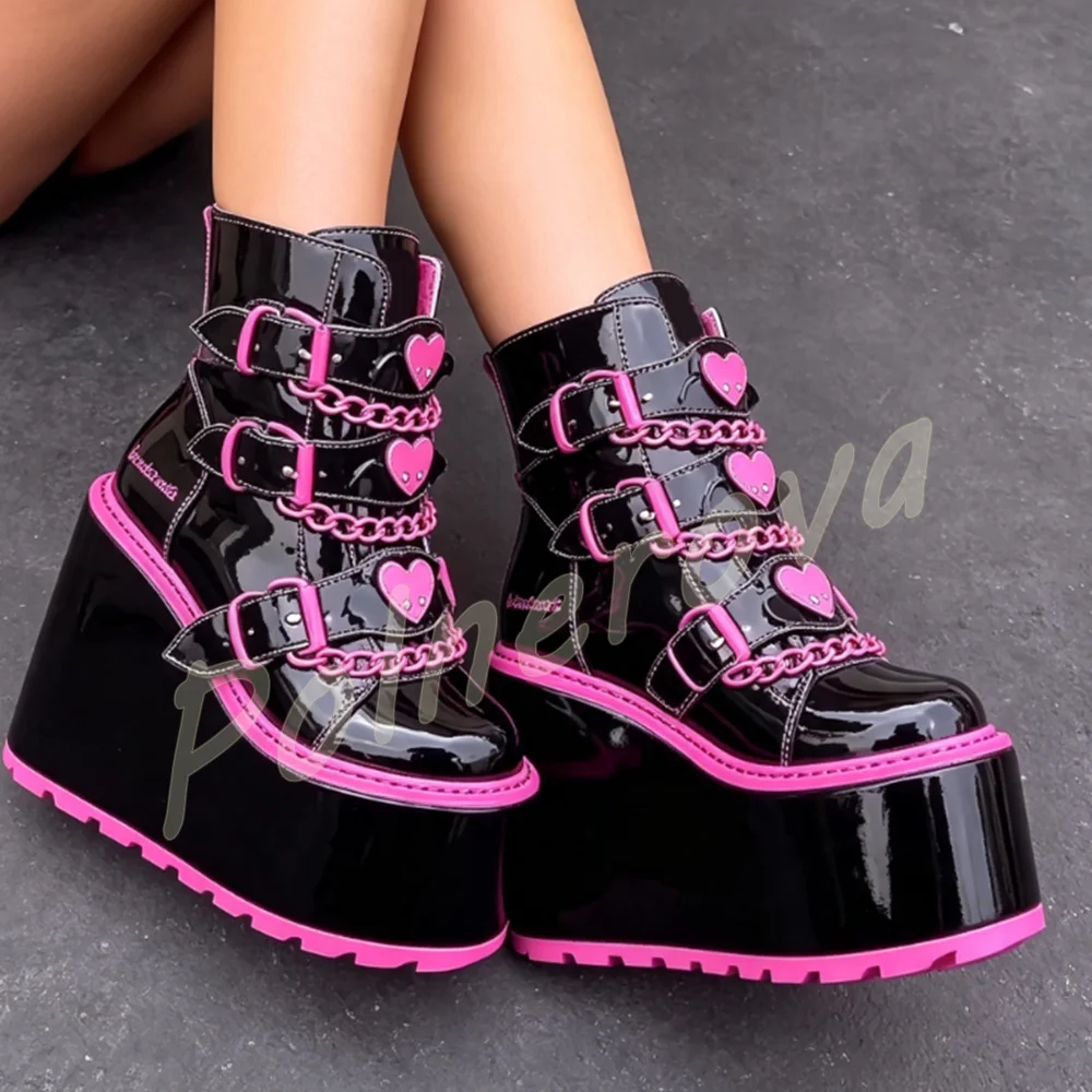 Women Y2K Gothic Wedge Ankle Boots Platform Black Patent Leather Pink Heart Chain Buckle Boots Back Zipper Lolita Punk Shoes