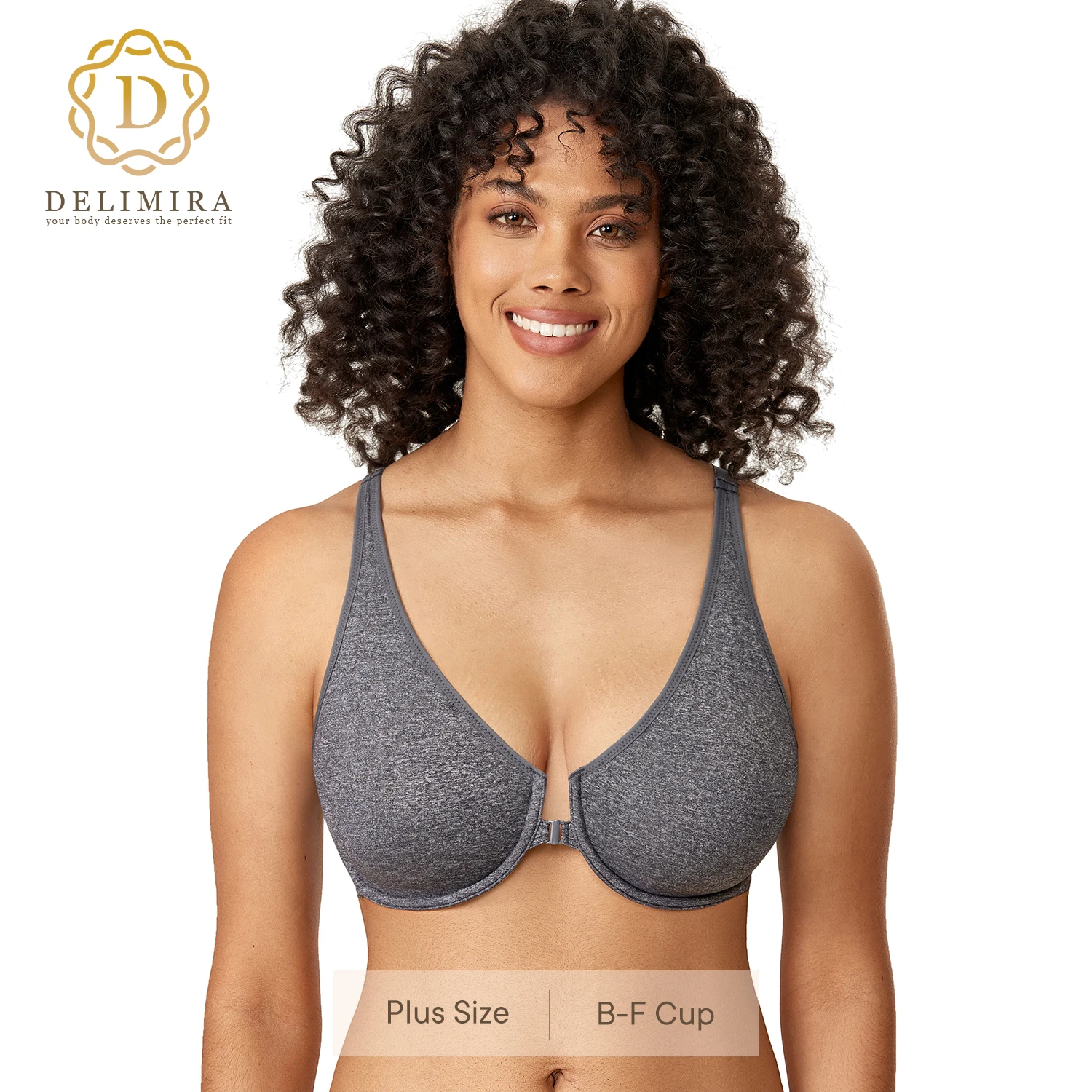 DELIMIRA Women\'s Plus Size Smooth Unlined Front Closure Bra Lace Pattern Underwire Racerback Bras