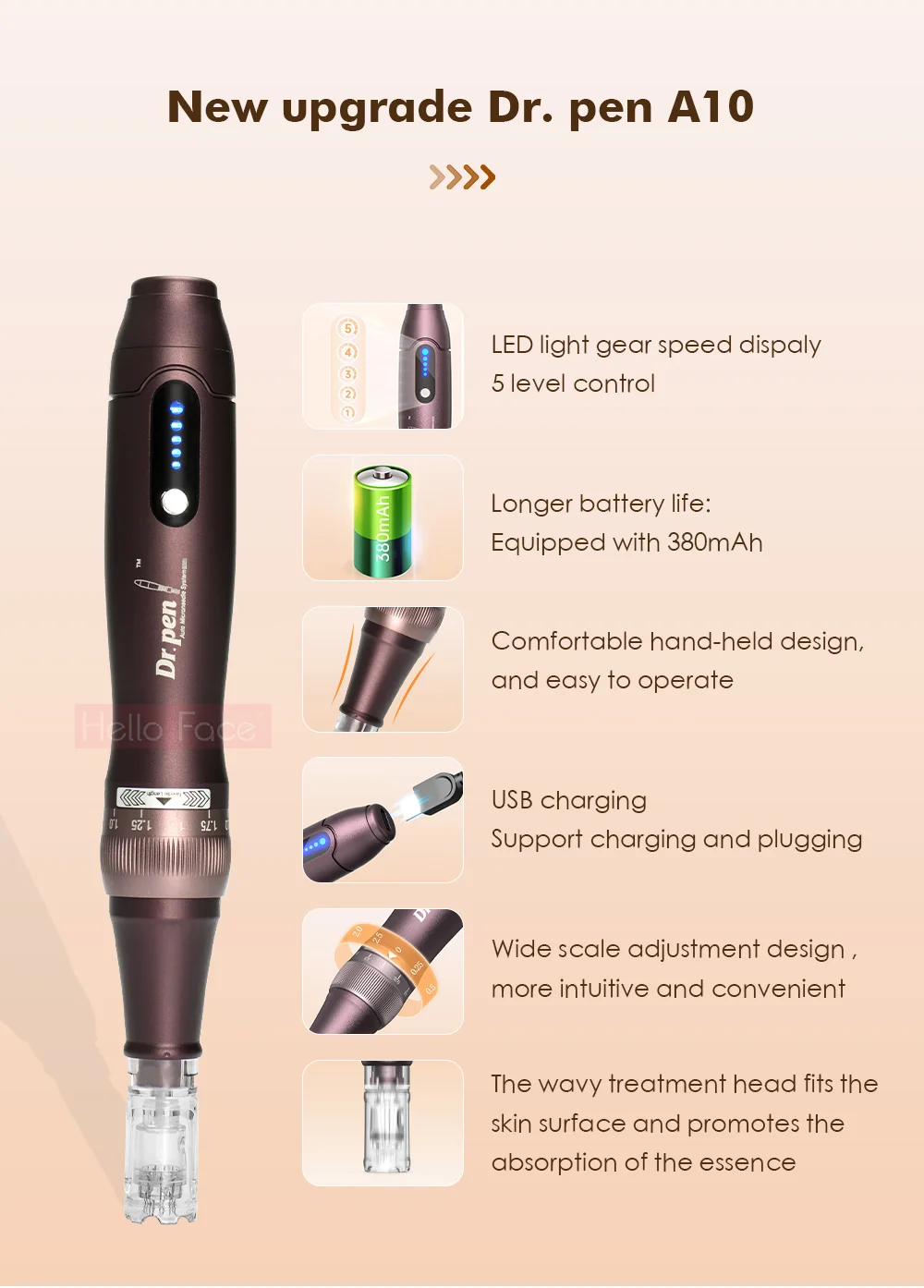 Dr. Pen Ultima A10 mit 12 Stück Kartuschen, kabelloses Derma-Pen-Hautpflege-Set, Mikronadel-Schönheitsgerät, Nadellänge 0,25 mm – Detail 9
