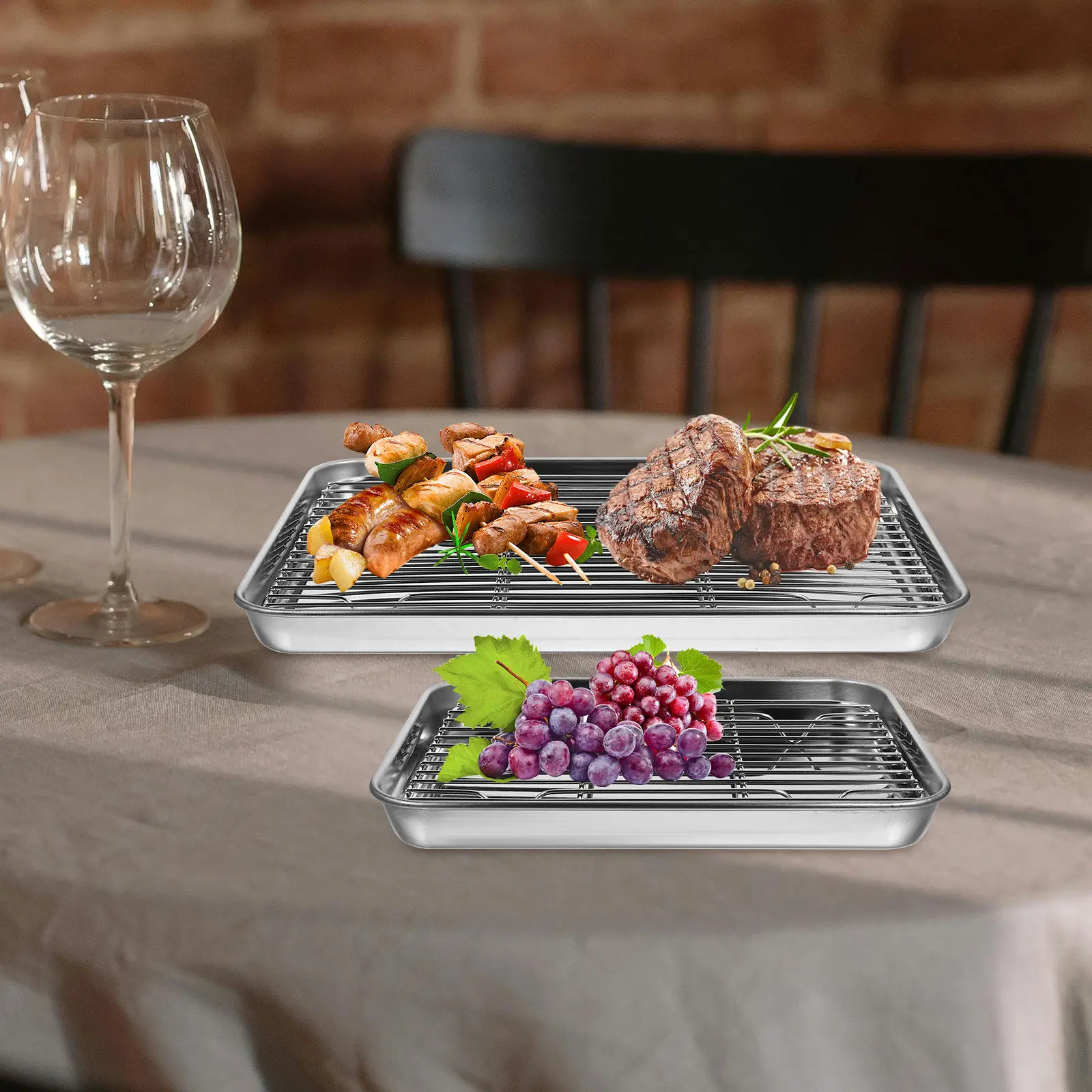 2Pcs Square Stainless Steel Plate Set Rustproof Drain Plates for Kitchen Fruit Vegetable Drain Storage Multipurpose Tray Steel