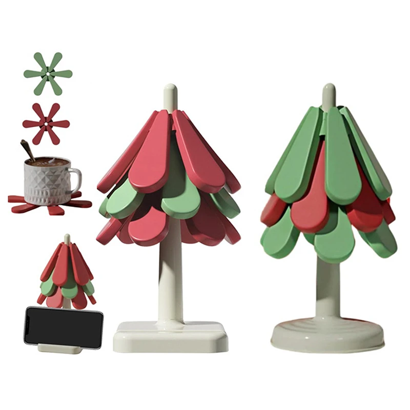 Christmas Tree Silicone Mat Dishes Insulation Pad Tree Shape Trivet Set Coaster For Teapot Hot Pots Halloween Placemats Table