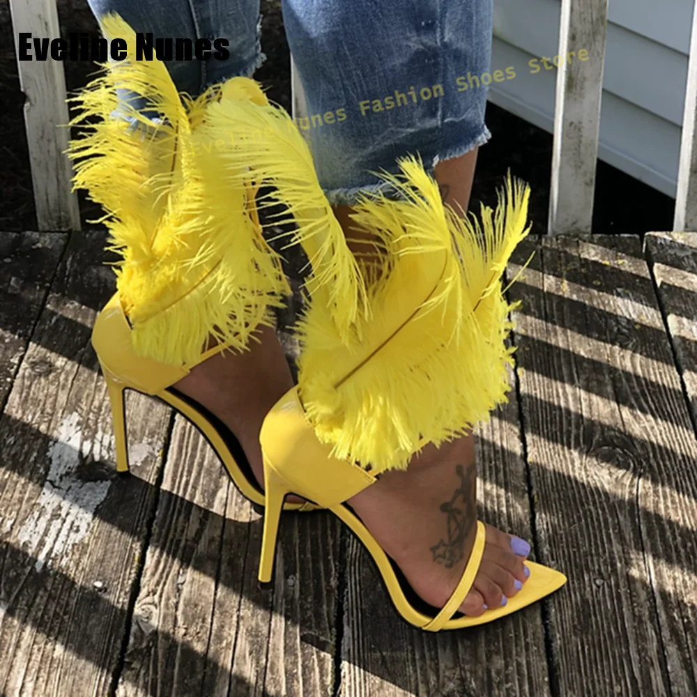 

Yellow Feather Ankle Strap Sexy Sandals Pointed Toe Stiletto Side Air Lace-Up Catwalk Spicy Girl High Heels Party Shoes Summer