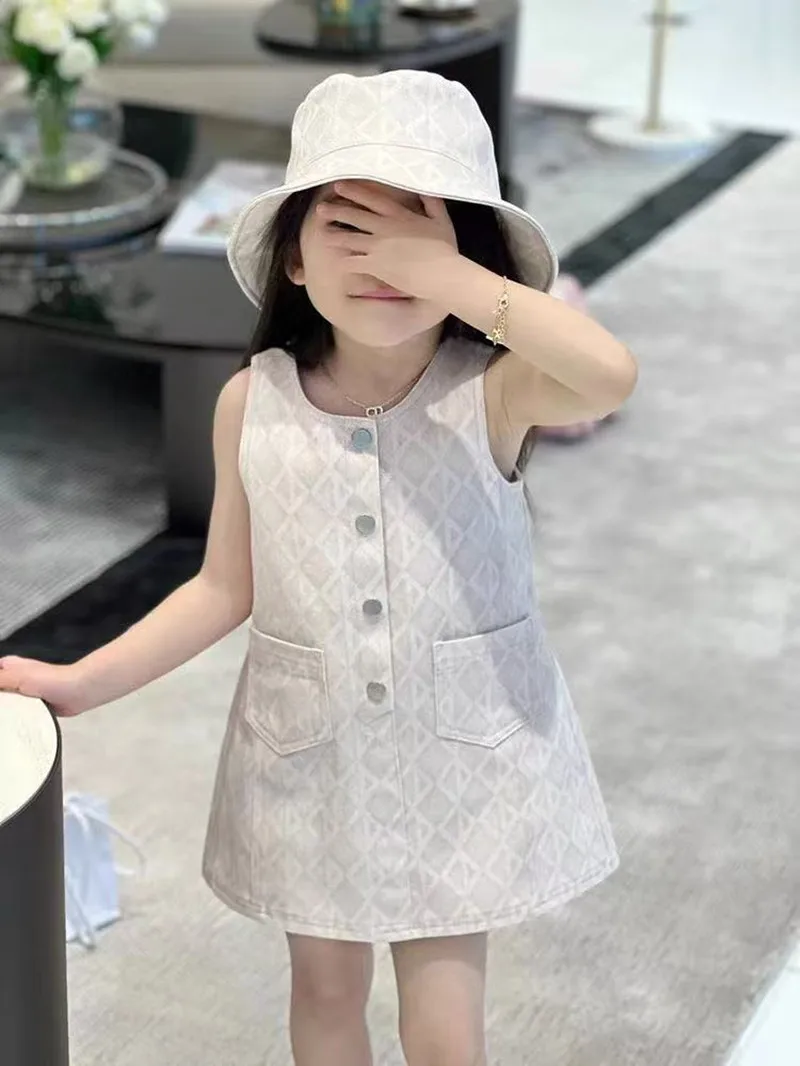 

Girls' Dress 2026 Summer New Collection Children's Sweet White Printed High Grade Vest Dress Kids Clothing