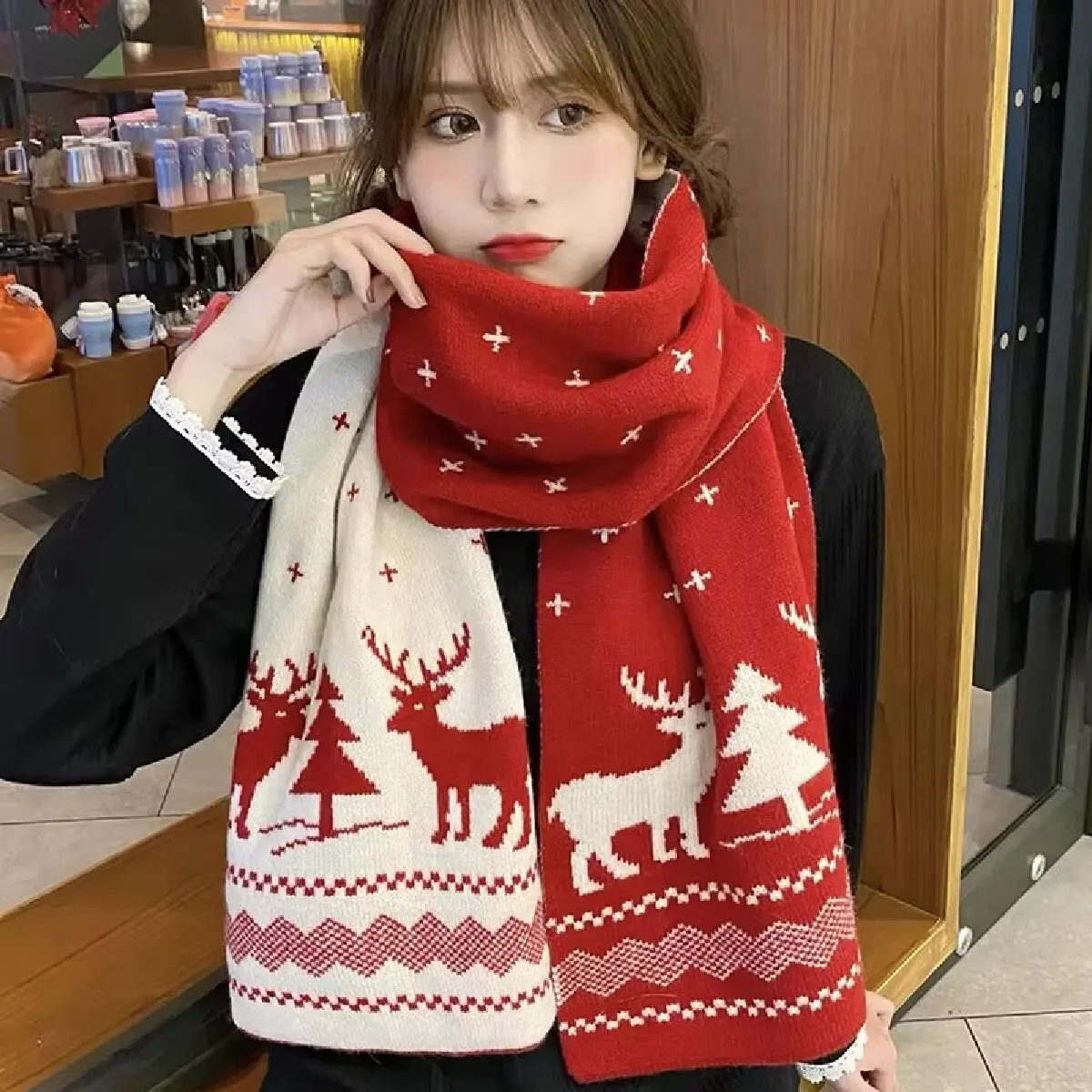 

Winter Warm Scarf for Women Men Deer Elk Double-Sided Knitted Scarves Fashion Versatile Woolen Shawl Girls Christmas Present