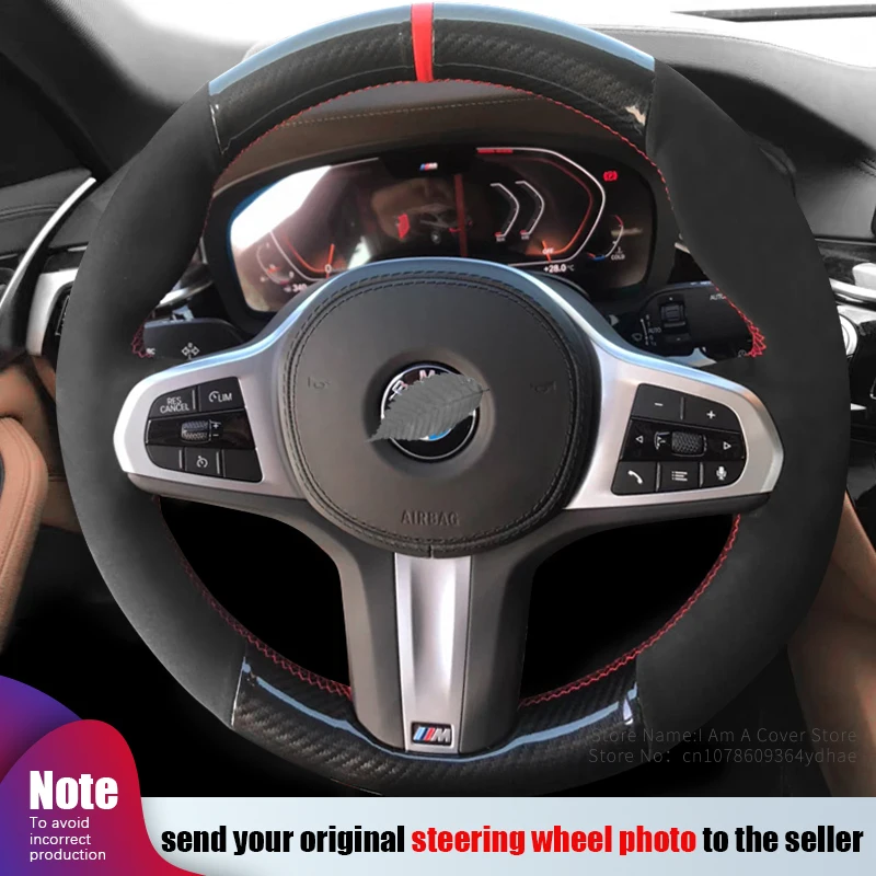 For BMW X1 X3 X5 X6 X7 325 525 320 530 2020-2022 Stitch Black Suede Carbon Hand Sewn Steering Wheel Cover Interior Handle Cover