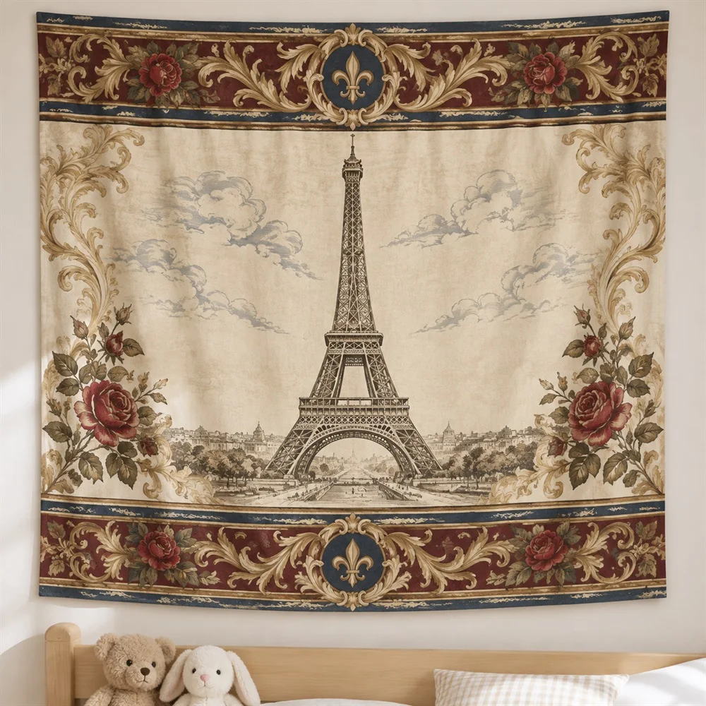 VIKAMA Paris Tower Line Art Tapestry Wall Hanging, Aesthetic French Room Decor Tapestries for Kitchen Dining Room Living Room