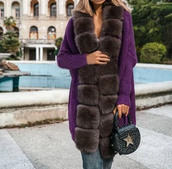 Wool Cardigen with Fox Fur Front Hood, Sweater with Fox Fur Trimming, Purple Color,  Spring, Autumn, On Sale, 210937
