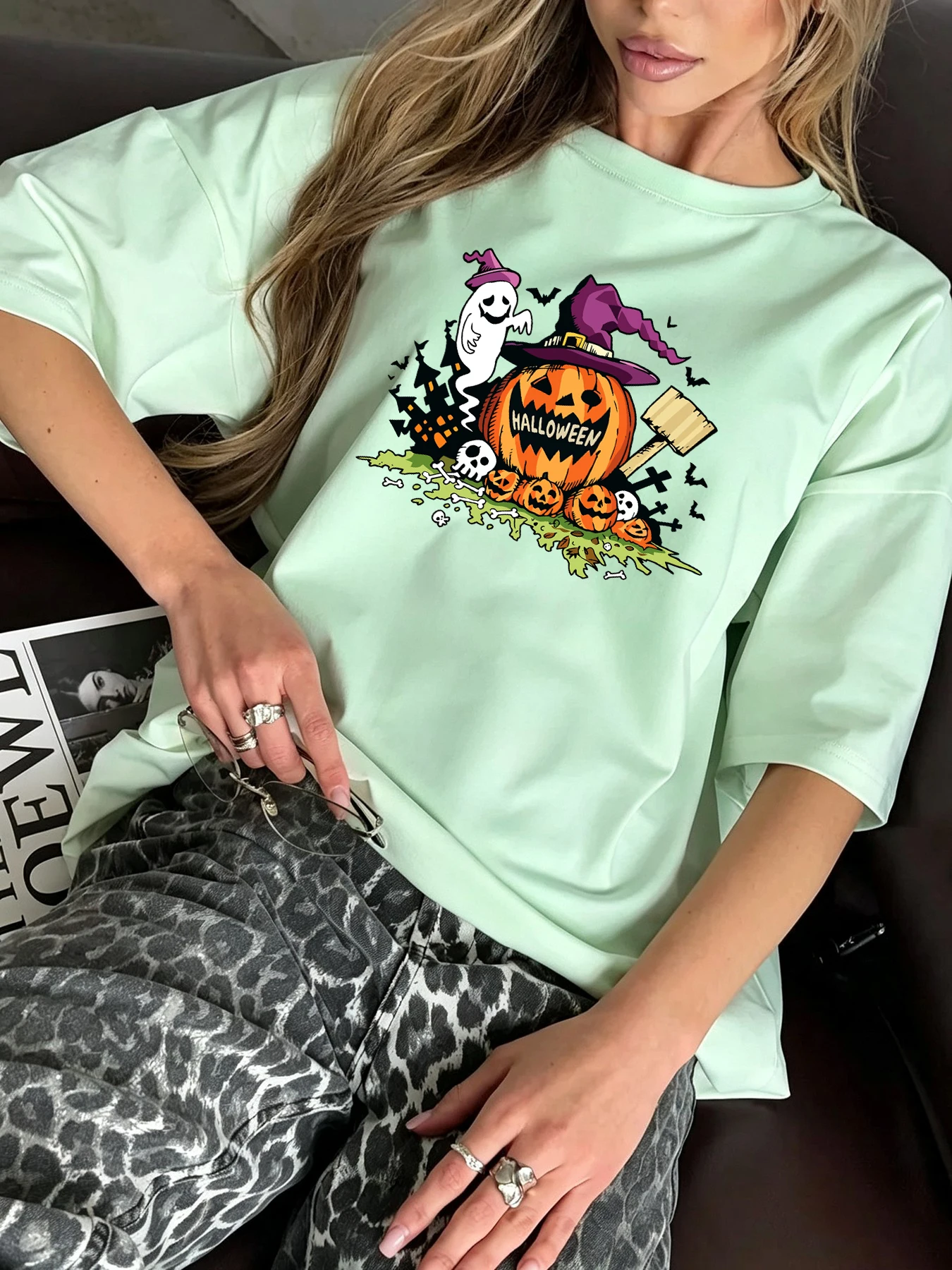 Halloween Graveyard Pumpkin Print Women T Shirt Sports Casual T-Shirts Cotton Summer Sportswear Loose Crewneck Short Sleeve