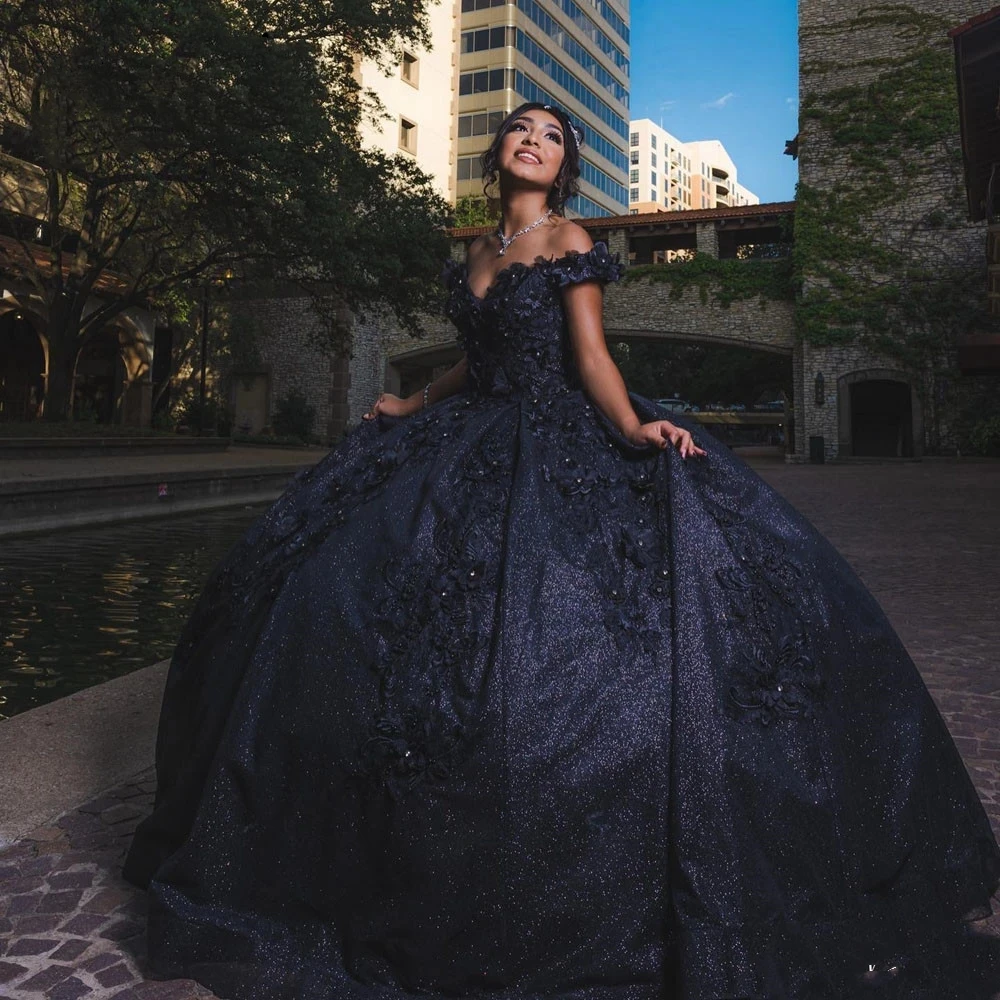 Angelsbridep preto quinceanera vestidos espartilho vestido de baile fora do ombro 3d flores apliques formal baile de formatura aniversário festa de princesa