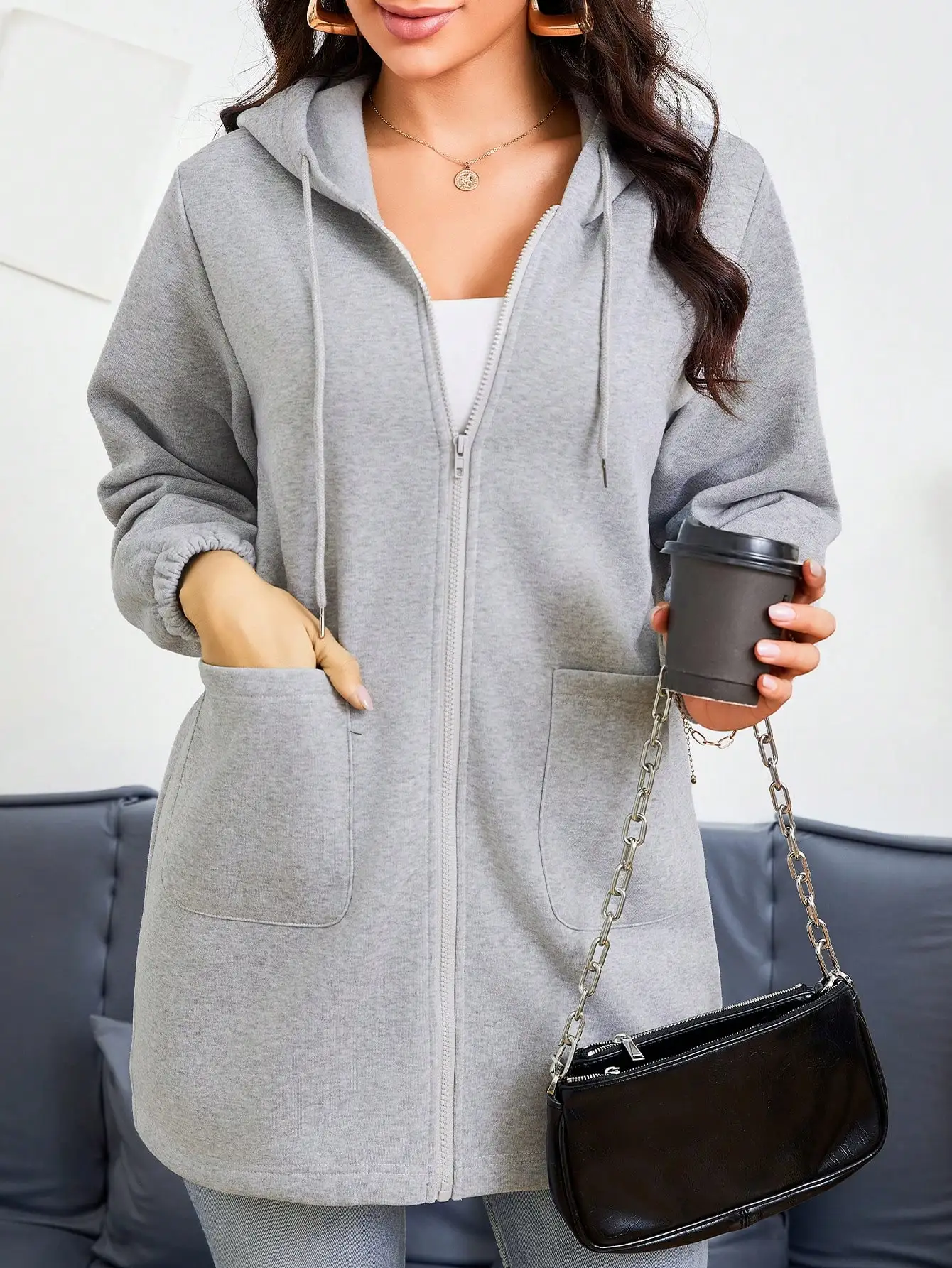 

Women's Plus Size Zip-Up Hoodie with Pockets, Casual Longline Sweatshirt for Spring Fall