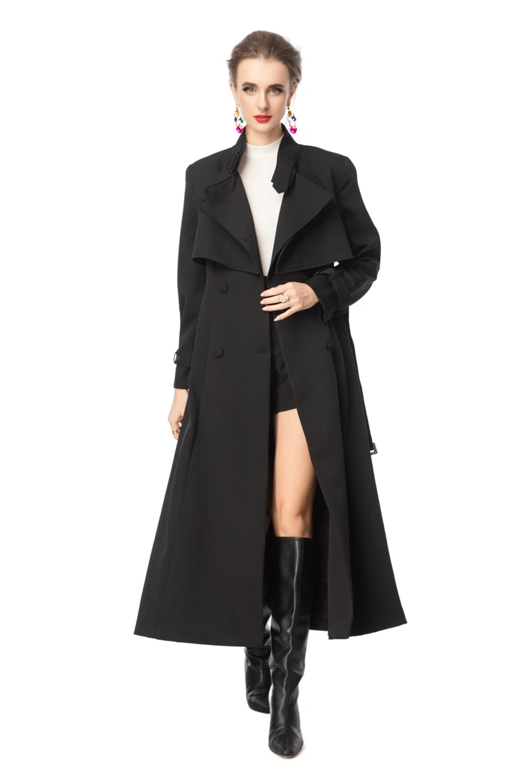 Women's Faux Wrap Long Trench Coat Double Breasted Buttons and Buckled Cuffs  Elegant Fall Winter Outerwear