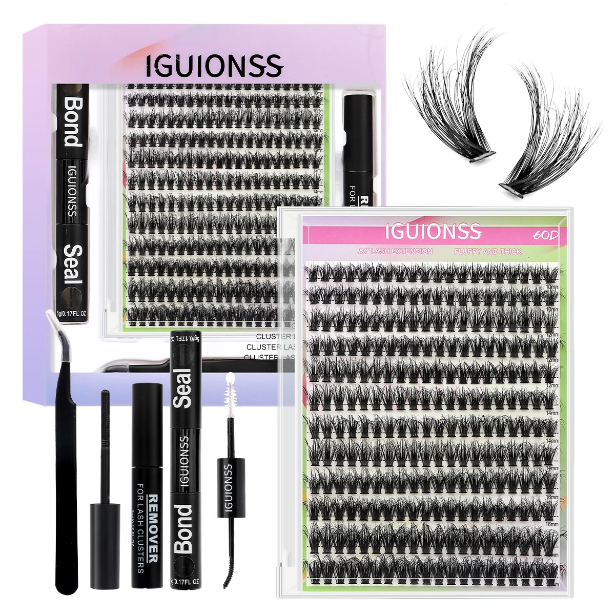 DIY Eyelashes Extensions Kit 60D Single Cluster Segmented Glue with Tweezers for Glue Removal Makeup Set