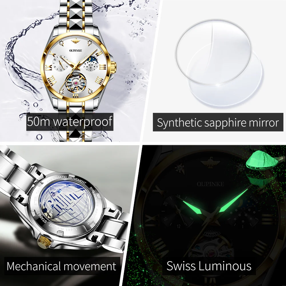 OUPINKE 3202 reloj mecánico de fase lunar para mujer esfera con mecanismo al descubierto relojes de mujer impermeables reloj de pulsera automático