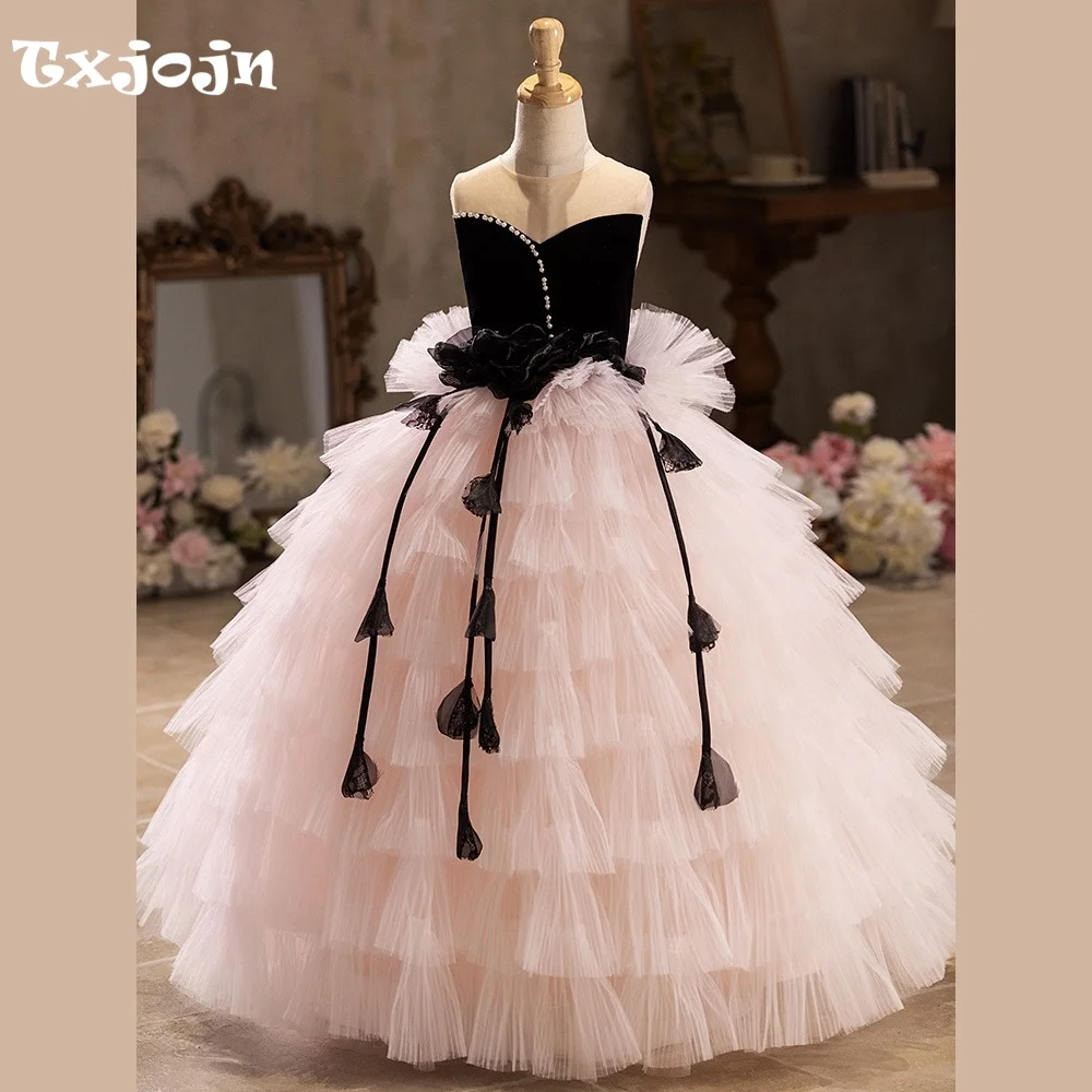 High-end Girl's Ball Gown Wedding Flower Girl Tiered Mesh Princess Dress Toddler Teens Child Vestido Birthday Clothes 5-14Y