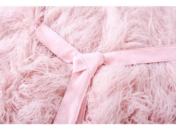 2022 Winter Women Long Elegant Faux Sheep Fur Coat with Belt Female Luxury Fluffy Pink Artificial Fur Jacket Outerwear