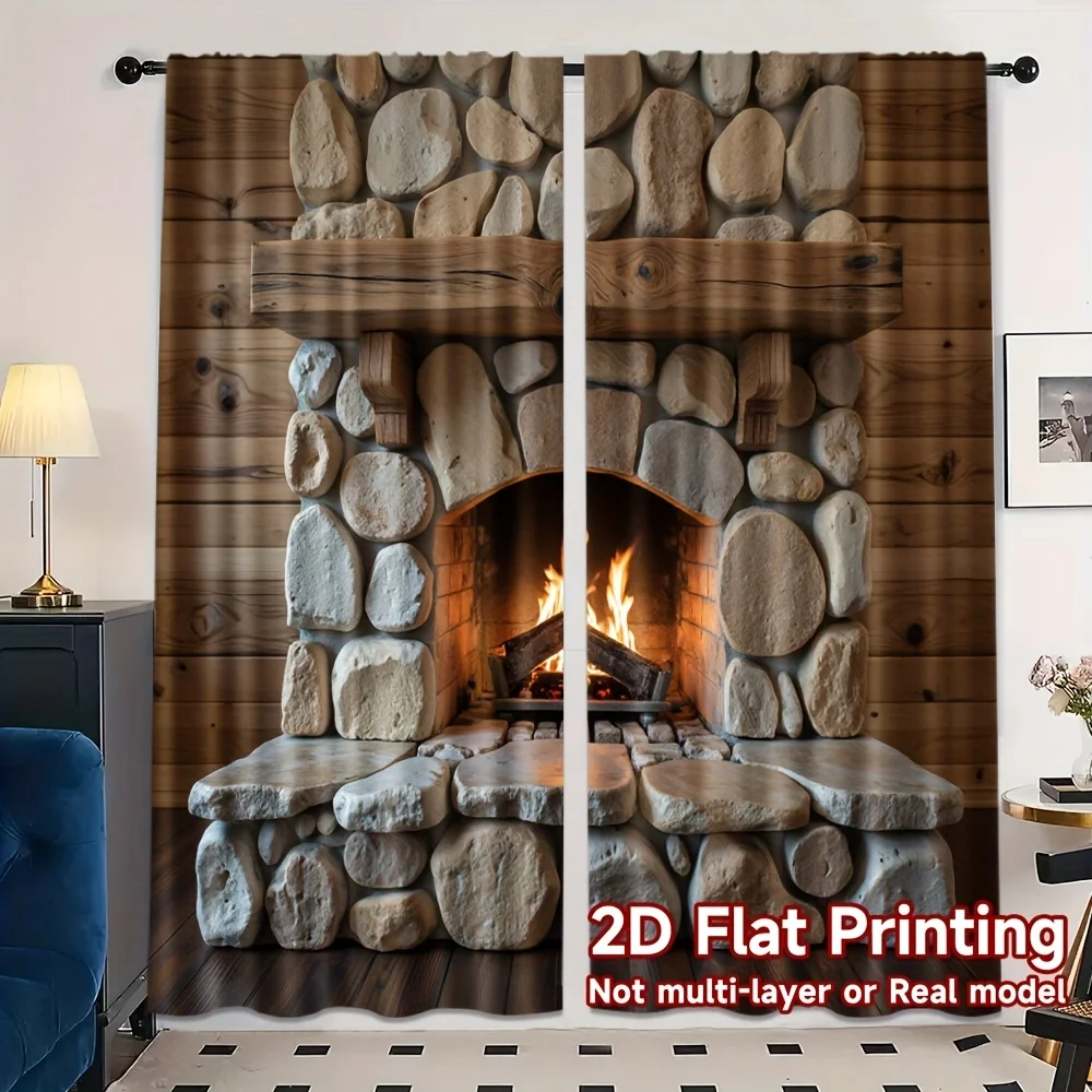 Stone Fireplace Curtain, Rustic Log Cabin Window Drape, Cozy Winter Home Blackout Panel, Living Room Bedroom Decor