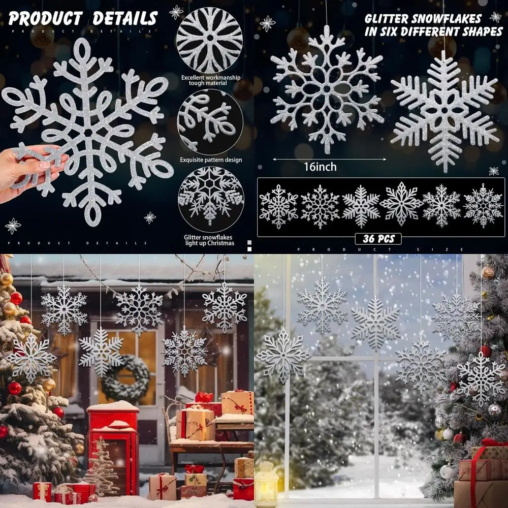 

Large 16 Inch Snowflake Ornaments, Giant Glitter Hanging Christmas Decor, 6 Unique Designs, Winter Window Decorations with Nylon
