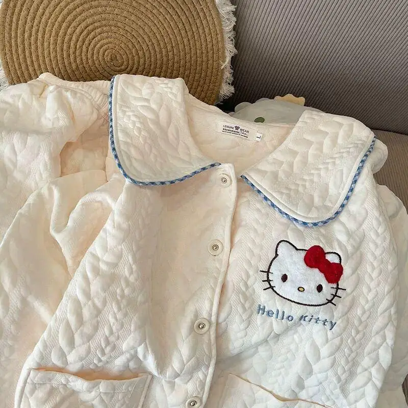 

Пижамный комплект Sanrio для девочек, воздушный хлопок, hello kitty kawaii, студенческий повседневный утепленный зимний комплект одежды с круглым вырезом, новый стиль