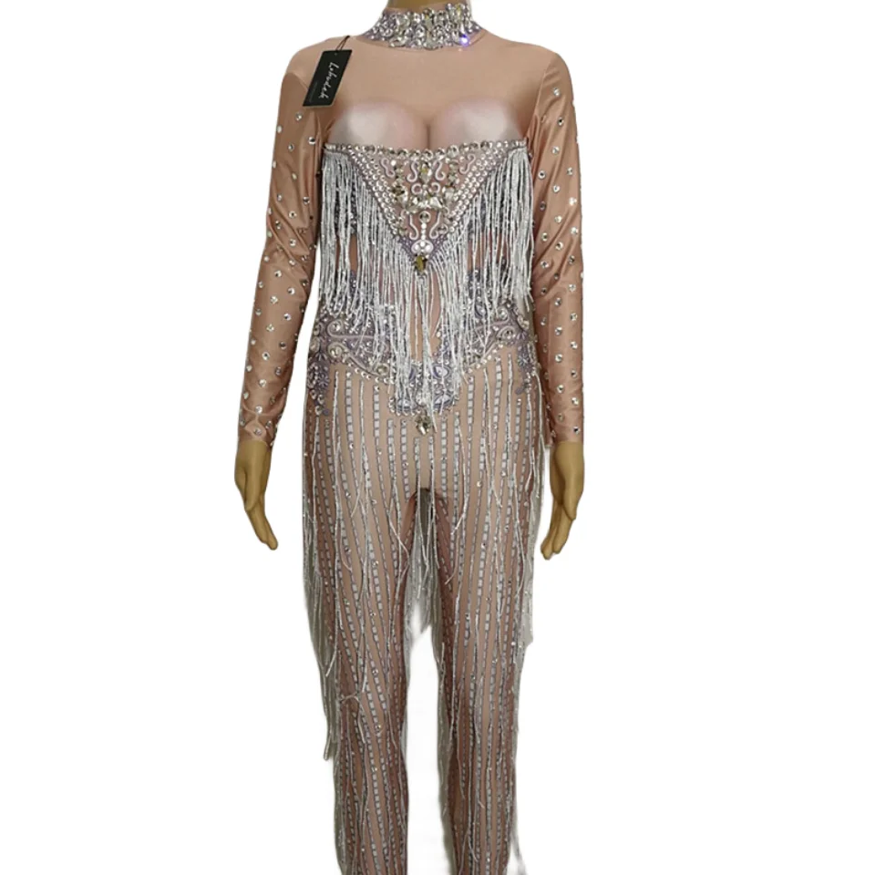 

Sparkly Rhinestones Tassels Jumpsuit Long Sleeve Stretch Rompers Lady Singer Sexy Nightclub Costume Party Celebration Stage Wear