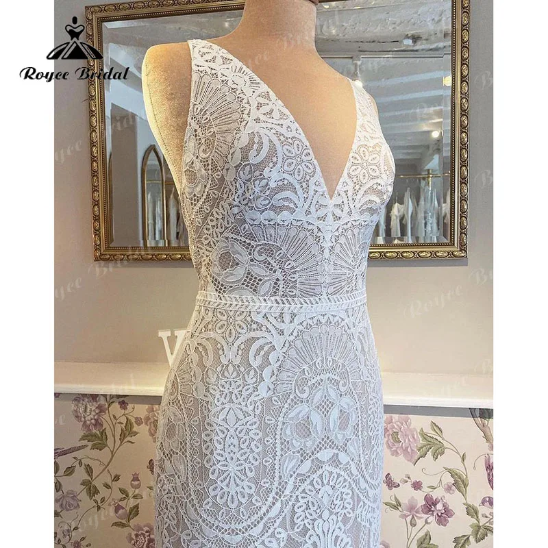 2022 Vestidos syrenka Tank Lace Boho weselny strój bez pleców V Neck bez rękawów trąbka suknia ślubna plaża trajes de novias largos