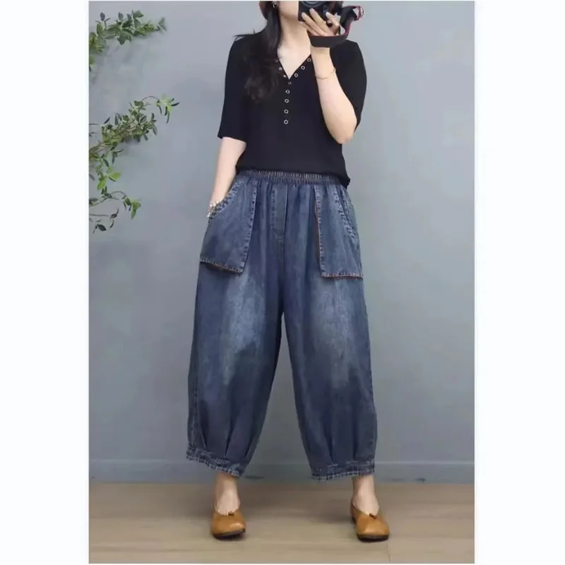 Pantalon lanterne en Denim avec poches fines pour femmes, rétro, décontracté, ample, taille élastique, jambes larges, tendance, JJ905, printemps/été