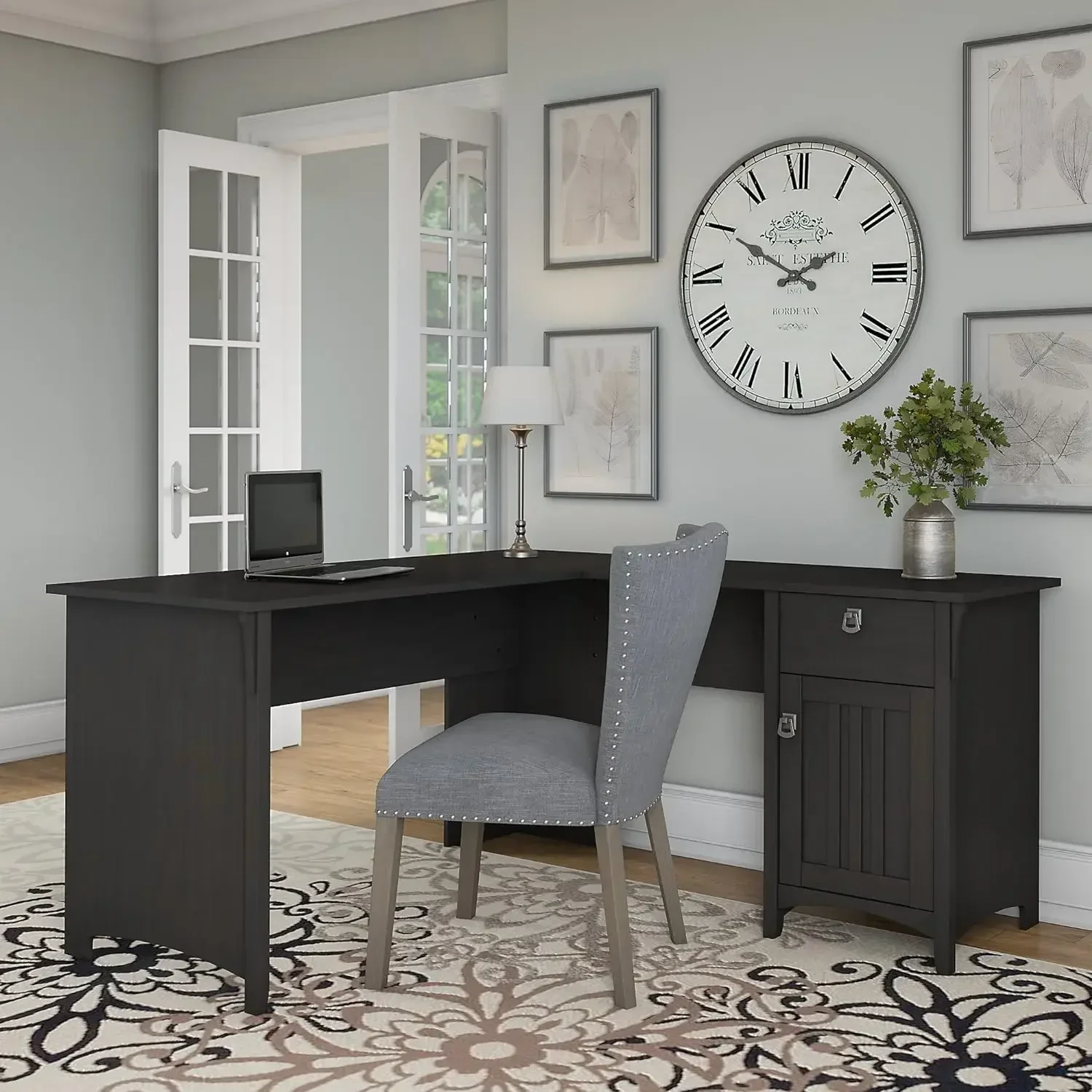 Salinas L Shaped Desk with Storage in Vintage Black | Modern Farmhouse Corner Table with Drawers and Cabinets for Home Office