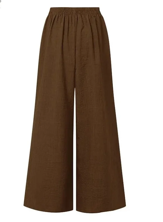 Women Solid Brown High Waist Wide‑Leg Pants Front Button Pleated Long Trousers