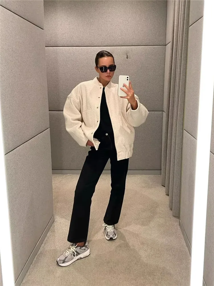 TRAF Gray Bomber Jackets Women 2023 Y2K Streetwear Tweed Faux Wool And Blends Jacket Fashion Button Women\'s Spring Jacket
