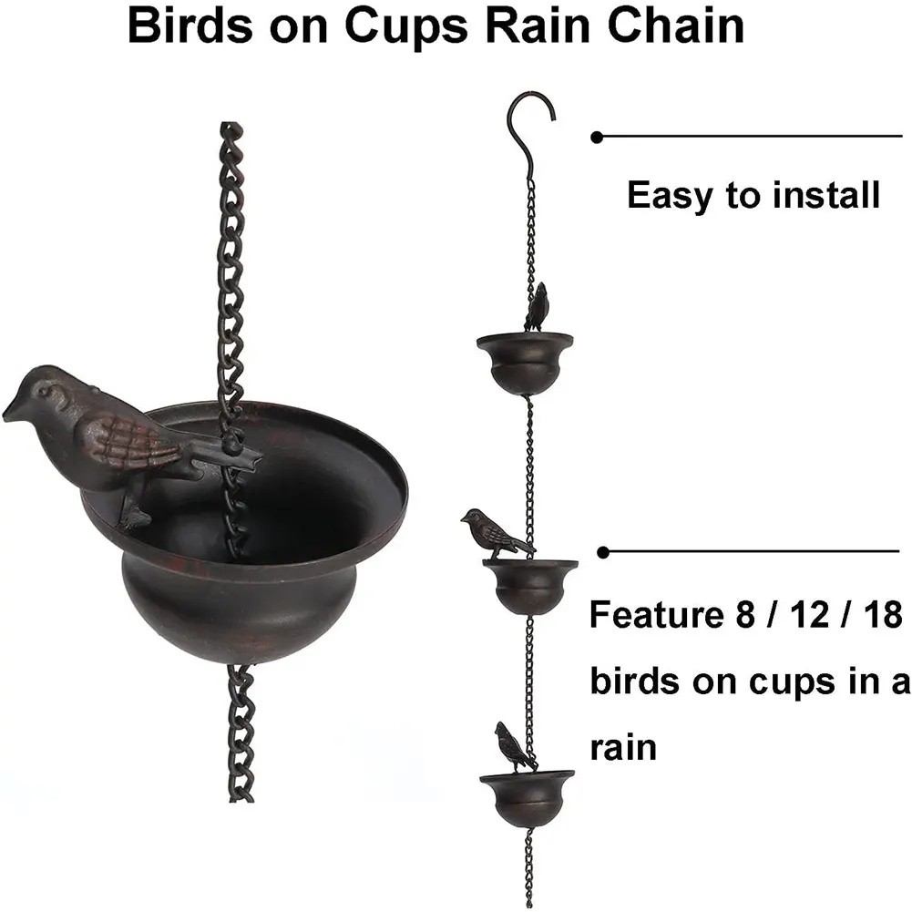 Creative Metal Rain Chain 8 Birds On Cups Rain Chain Drainage Downspout Tool for Metal Drainage Rain Chain Outdoor Courtyard