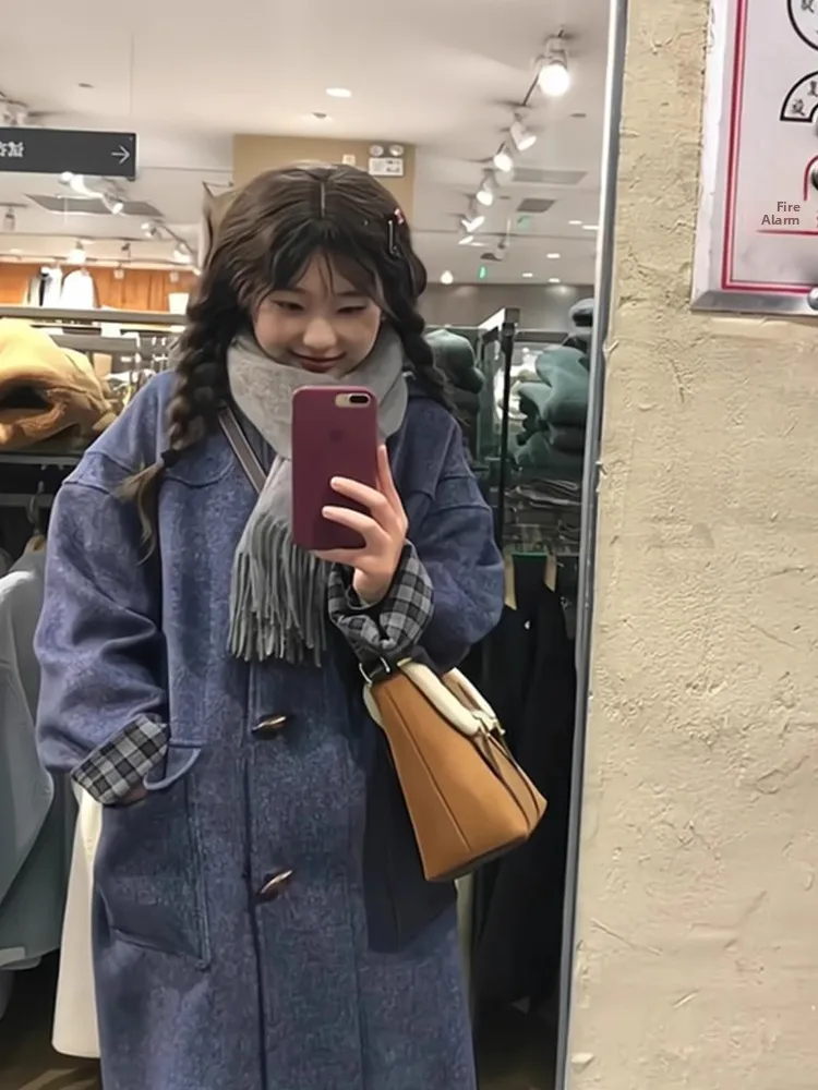 

Японское шерстяное пальто с капюшоном в стиле ретро, женское зимнее новое свободное длинное синее шерстяное пальто, корейское пальто для поездок на работу Faion