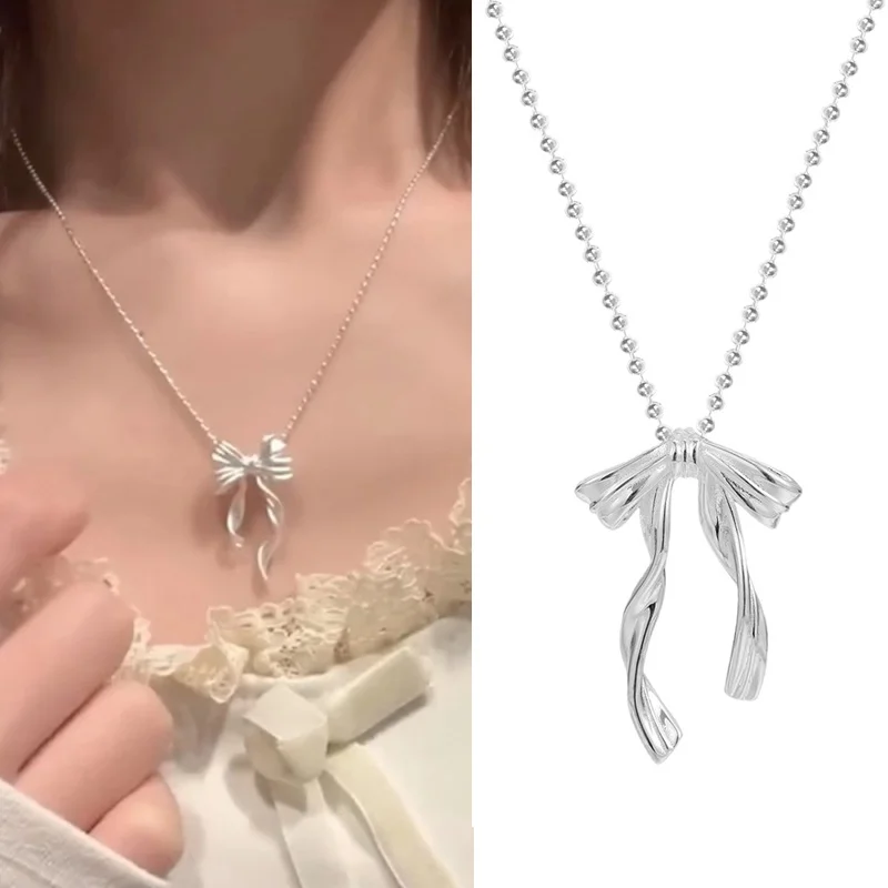 New Trendy Silver Color Bow Pendant Necklace For Woman Simple Bow Ribbon Clavicle Chain Necklace Party Jewelry Gifts