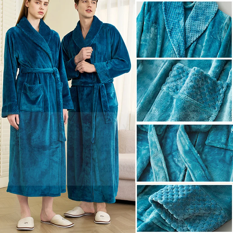 

Утолщенный фланелевой халат большого размера, зимняя теплая женская одежда для сна, свободная удобная домашняя одежда для пар с карманом, кимоно