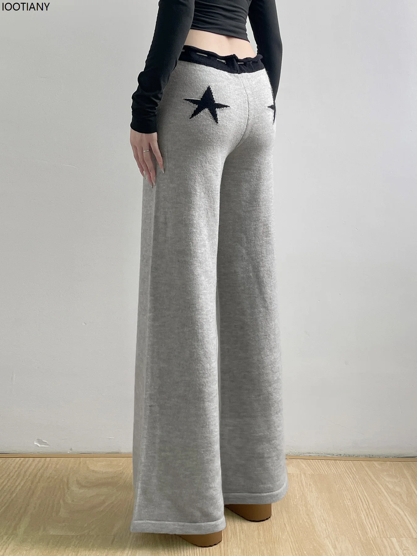 Loose Knitted Casual Pants Retro Star Woven Elastic Lace-up Pants Low Waist Wide Leg Pants Y2k Trousers Korean Fashion Flared