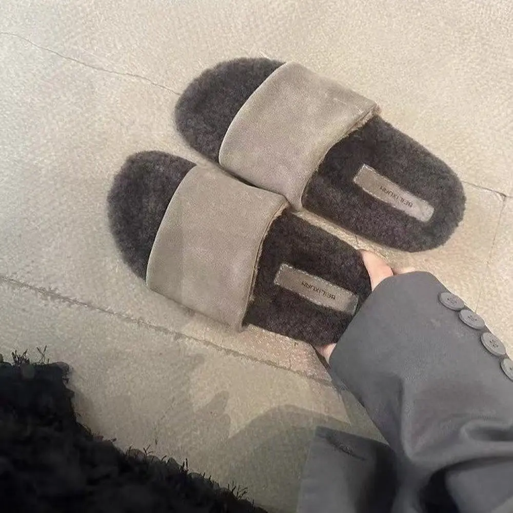 

Fashion Cozy Warm Flat Slippers for Indoor House Furry Plush Shoes Women's Cozy Suede Open Toe Slippers Stylish Indoor Wear