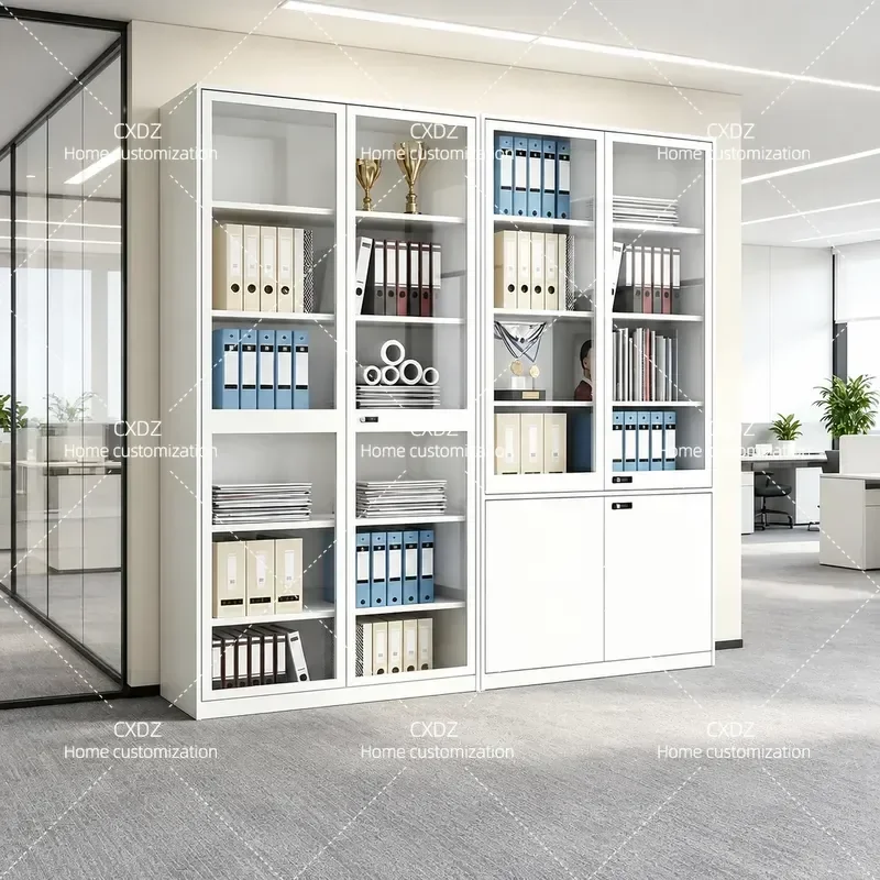 2m High Office File Cabinet Iron Steel Drawer Glass Bookcase White Storage Locker for Documents and Certificates Background