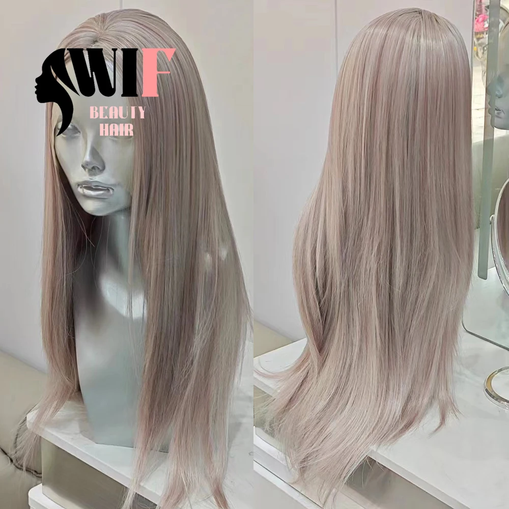 Wif-Loiro Mix Marrom Liso Sintético Peruca Dianteira Do Laço, Cabelo Liso De Seda, Fibra De Calor, Linha Fina Natural, Moda