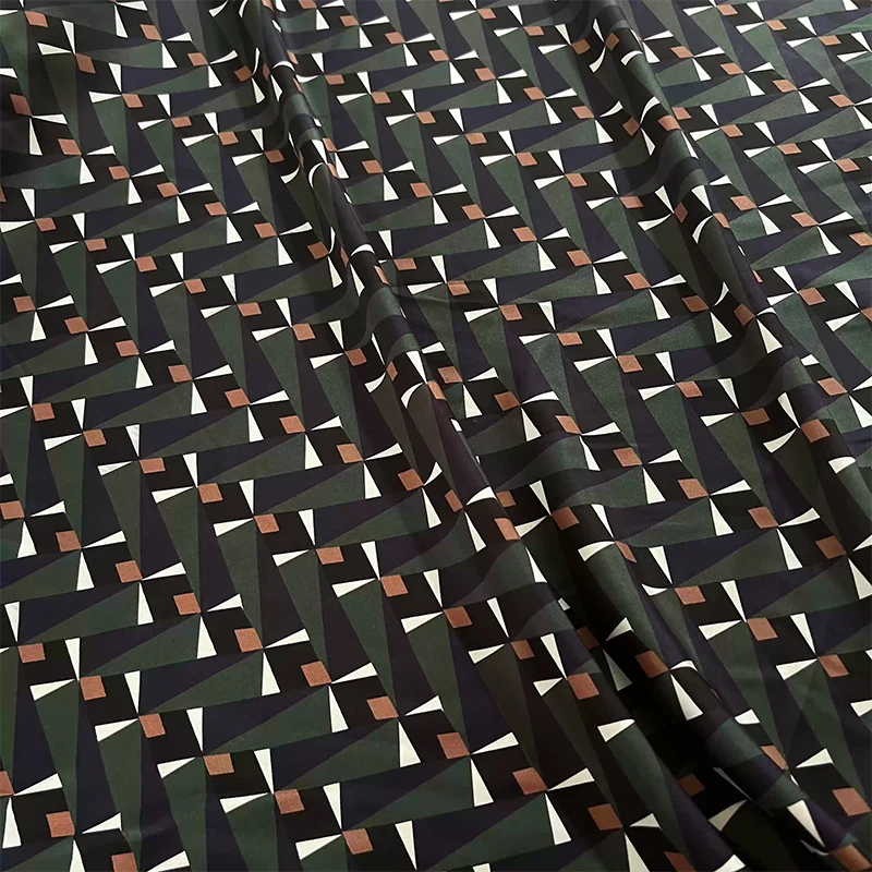 1 meter 100% Mulberry Silk 16 momme Twill Silk Fabric Dark Green Geometry Printed 140cm 55" wide by the yard XX521