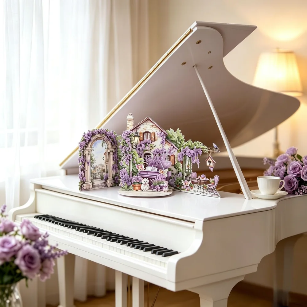 Handmade 3D Pop Up Card Wisteria Lavender Floral Paper Craft For Qian Birthday Anniversary Wish Greeting Note