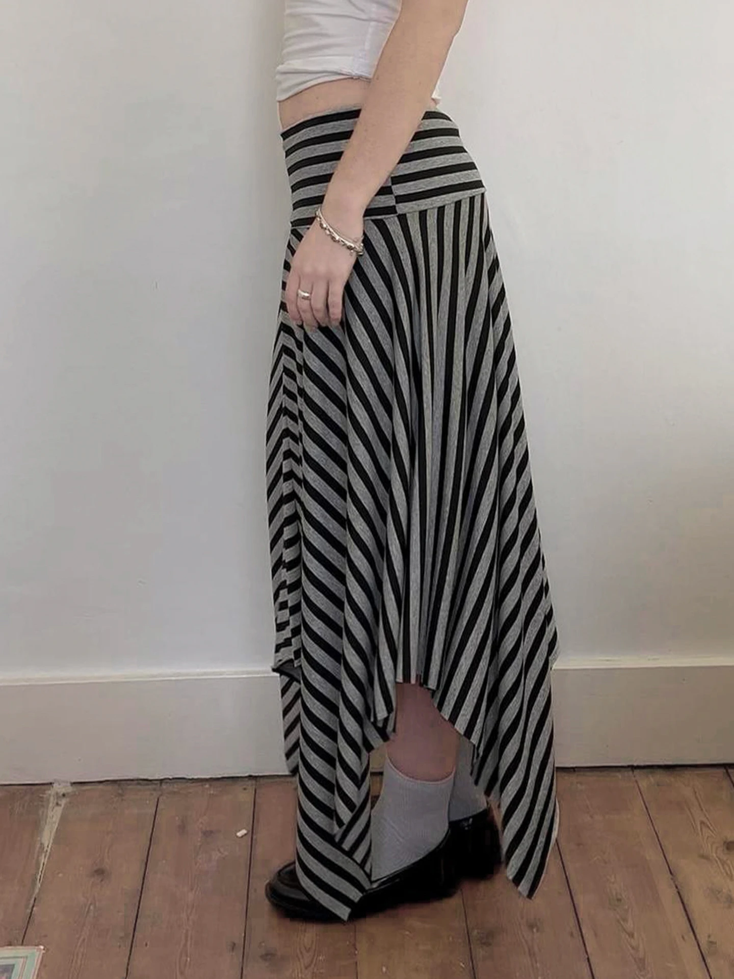 IAMSURE Casual Striped Asymmetrical Skirts Basic Slim Low-Waisted Maxi Skirts Women 2025 Summer Fashion Streetwear Ladies