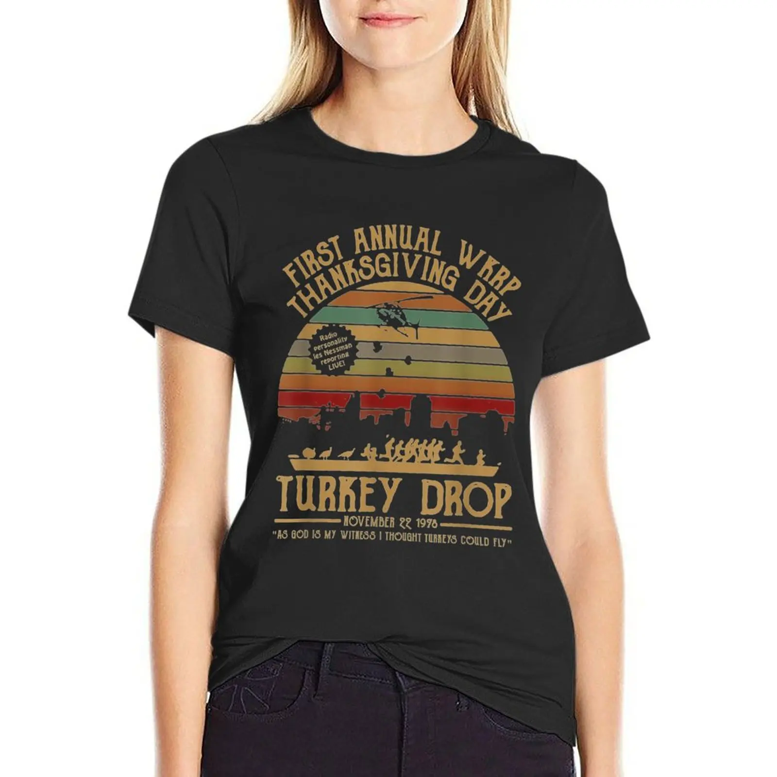 

First annual WKRP Thanksgiving Day Turkey Drop with Les-Nessman Classic . T-Shirt sports fans luxury designer clothing Women