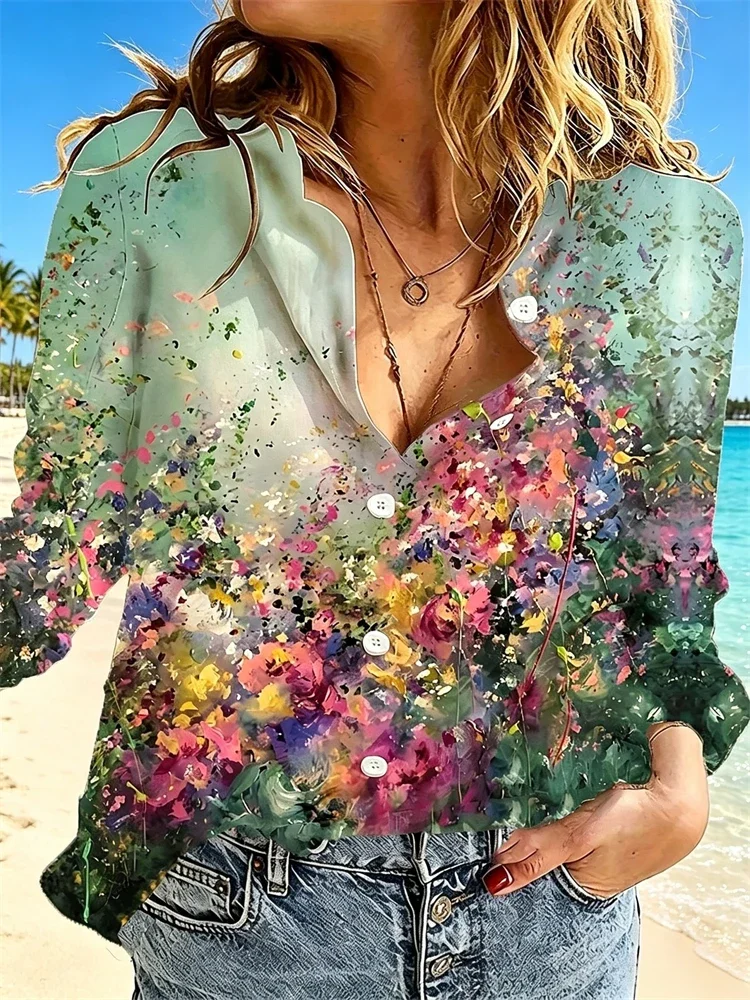 2026 New Arrival Elegant Floral Print Women's Shirt Fashionable Casual Street-Style Long-Sleeve Shirt Collared Button-Down Shirt