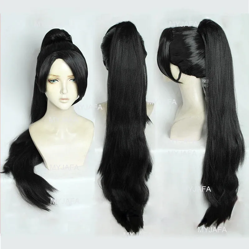 

aaa12 3High Quality Game Valorant Sage Cosplay Wig Black Heat Resistant Synthetic Hair With 80cm Long Clip Ponytail Anime Wigs +
