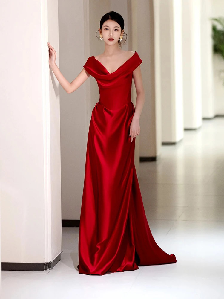 

Red One-oulder Fi-Tail Evening Gown Wedding Dr Slimming Small Train Bride Serving Dr Vintage Sle Polyester Fiber