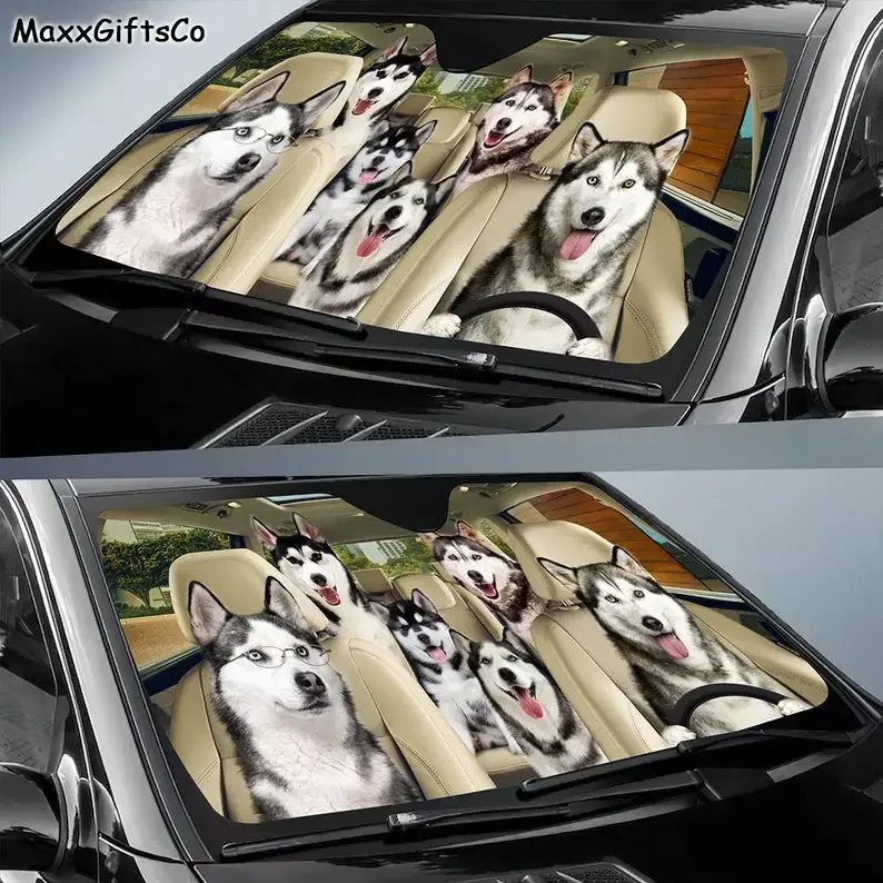 Siberian Husky Car Sun Shade, Siberian Husky Windshield, Siberian Husky Family Sunshade, Dog Car Accessories, Car Decoration, Gi